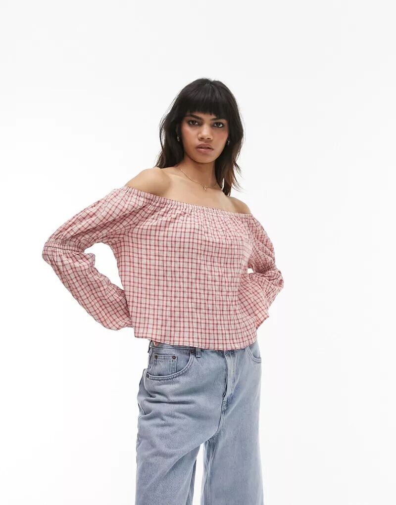 

Розовый топ в клетку Topshop Bardot