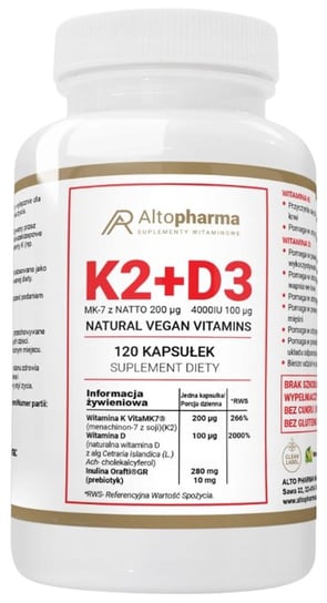 Alto Pharma, Витамин K2 Vitamk7 200 мкг + D3 4000 мкг пребиотика растительного происхождения, 120 капсул. sports research витамин k2 с кокосовым маслом растительного происхождения 100 мкг 60 растительных капсул