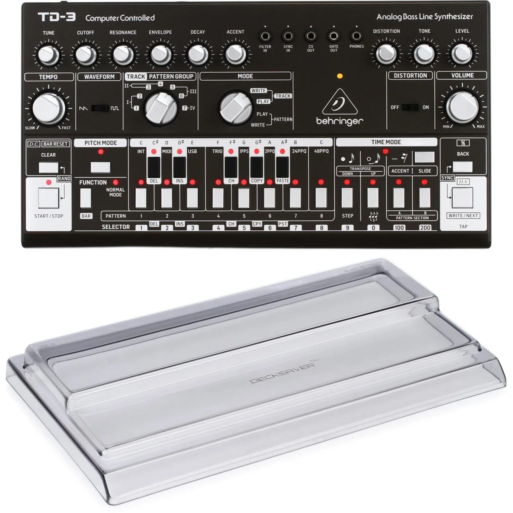 

Новый аналоговый синтезатор басовой линии Behringer TD-3-BK с крышкой Decksaver — черный