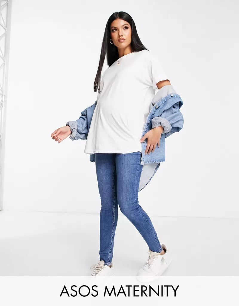 

Супероблегающие джинсы скинни ASOS DESIGN Maternity аутентичного синего цвета с завышенной талией и выпуклостью снизу
