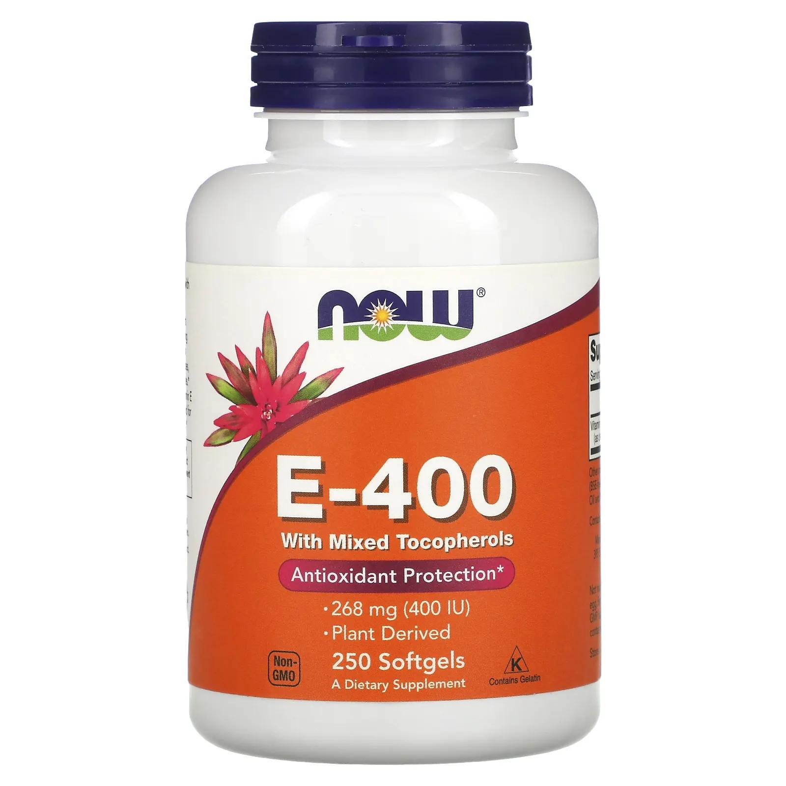 Now Foods Натуральный витамин E-400 с разными типами токоферола 250 желатиновых капсул