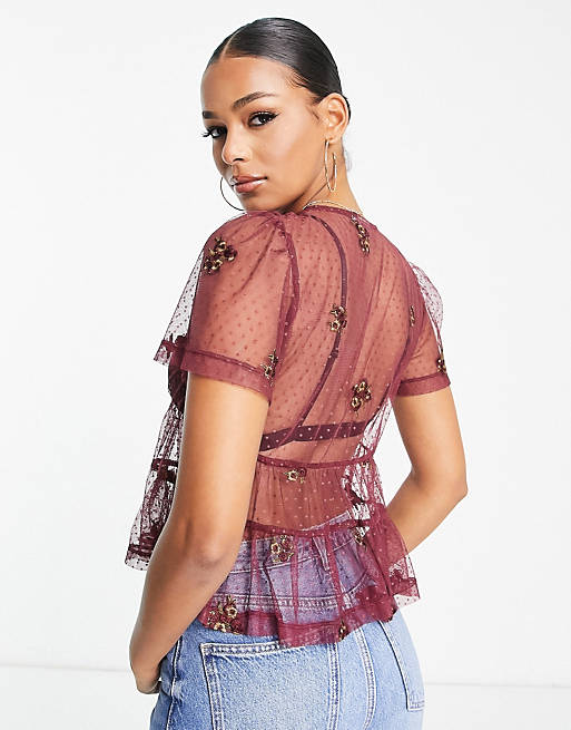 

Бордовая сетчатая блузка с вышивкой и баской по краю ASOS DESIGN