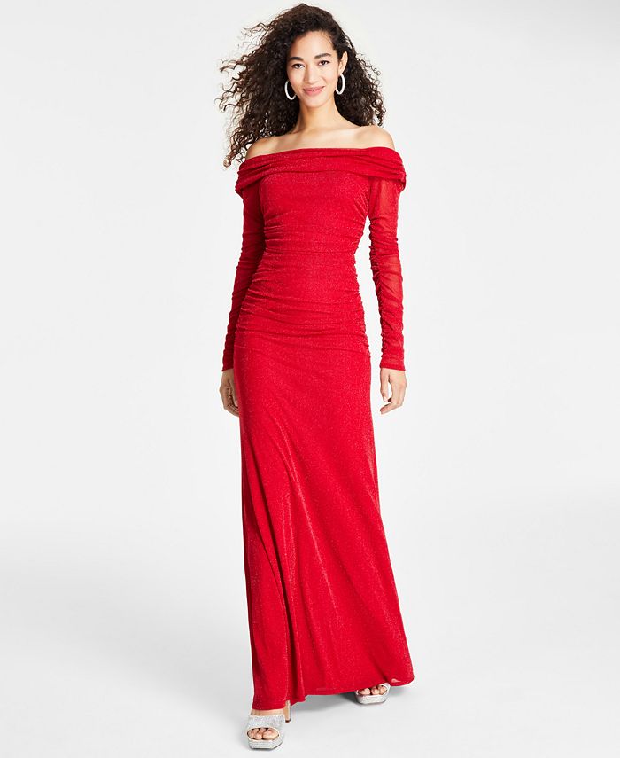 цена Платье с открытыми плечами и гофрированной отделкой цвета металлик B Darlin, красный