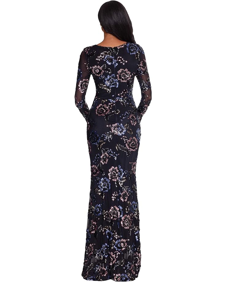 

Платье Betsy & Adam Long Long Sleeve Floral Sequin Gown, цвет Black/Rose