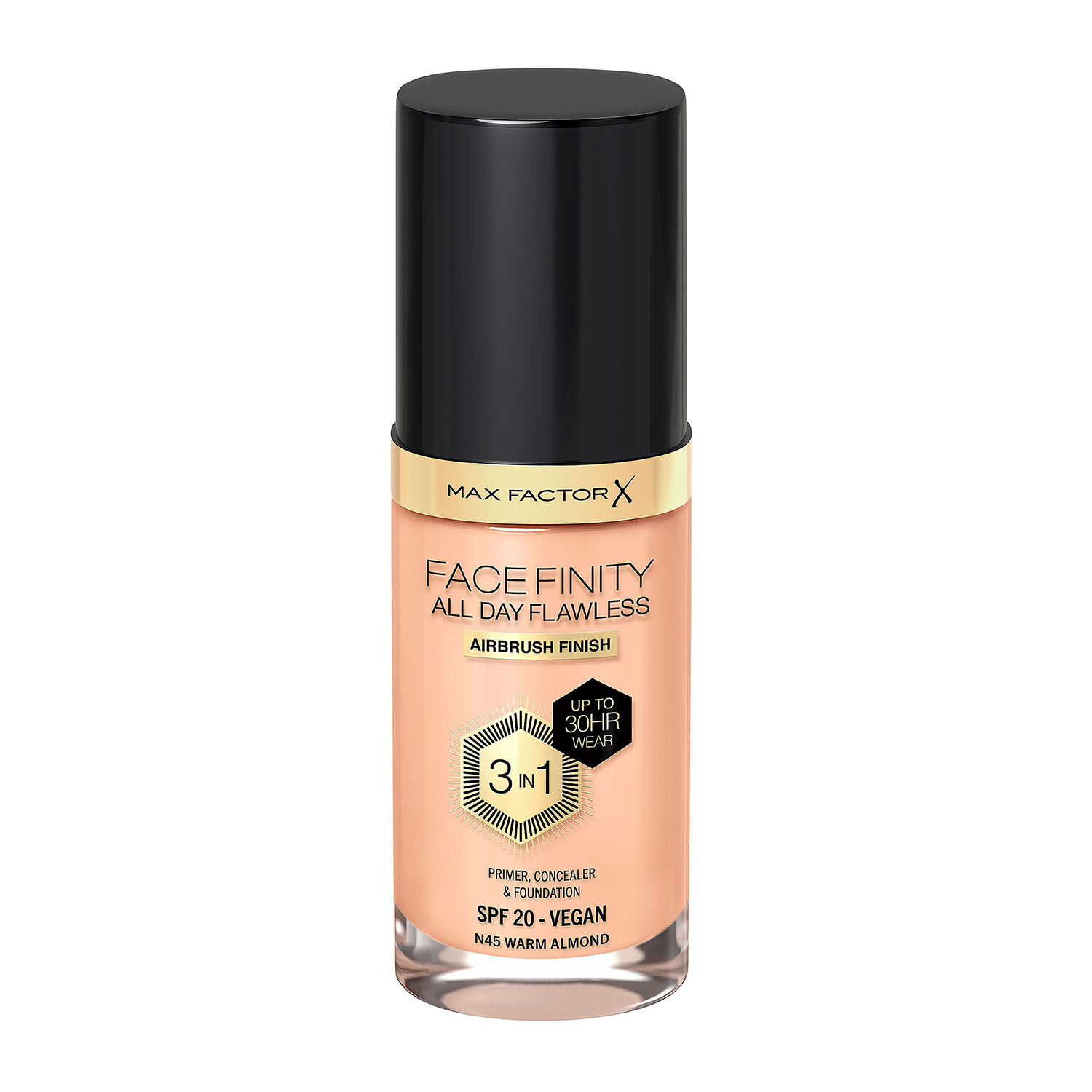 

N45 жидкая тональная основа для лица с теплым миндалем Max Factor Facefinity All Day Flawless 3W1, 30 мл