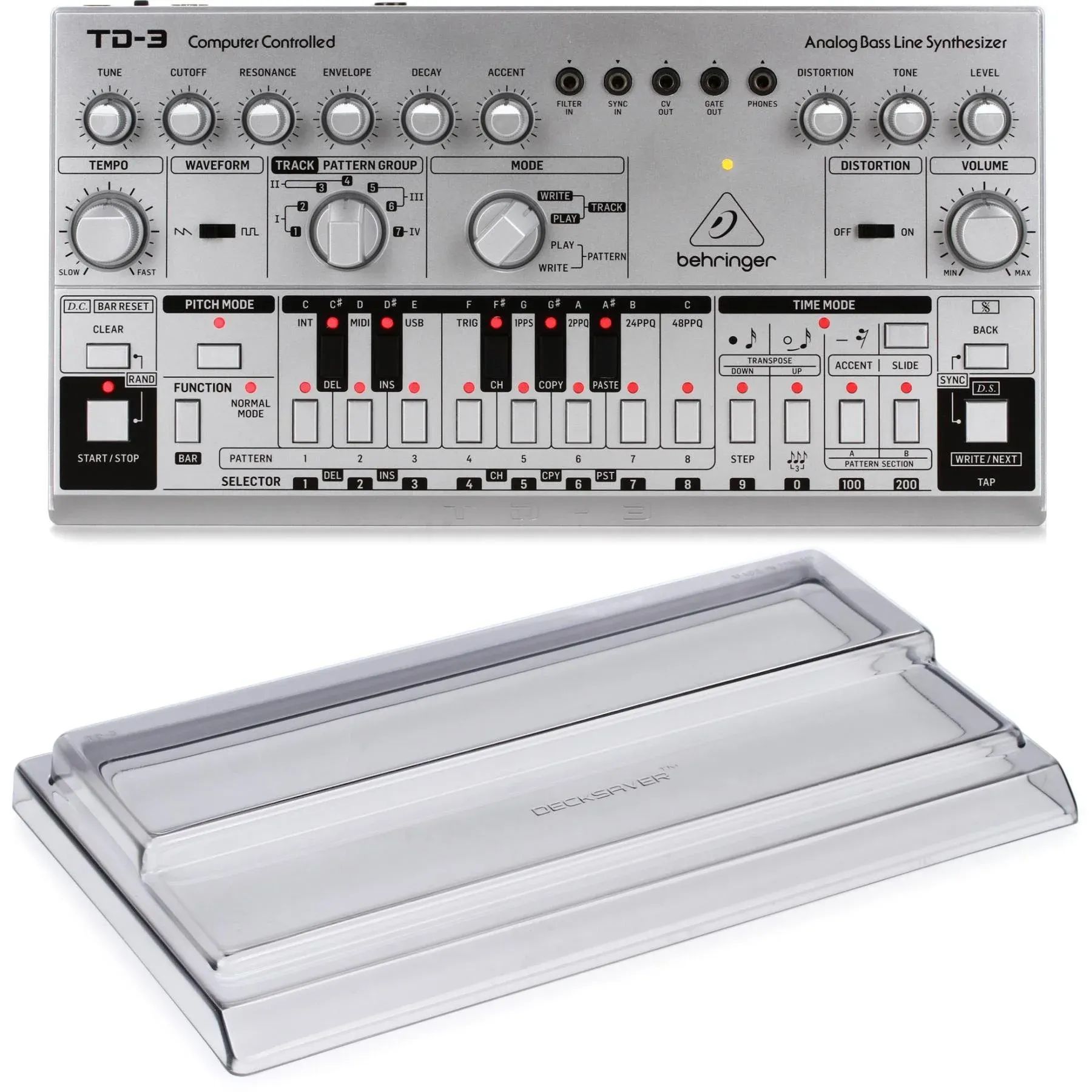 

Новый аналоговый бас-синтезатор Behringer TD-3-SR с крышкой Decksaver — серебристый