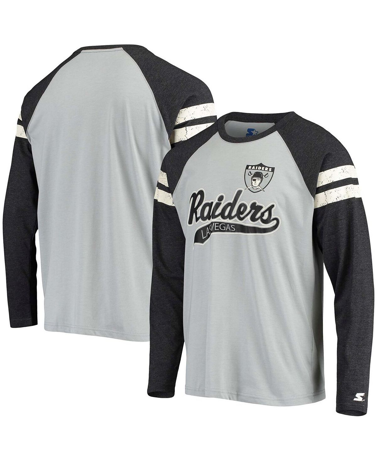 Мужская серебристо-черная футболка las vegas raiders throwback league с длинными рукавами и регланами tri-blend Starter, мульти