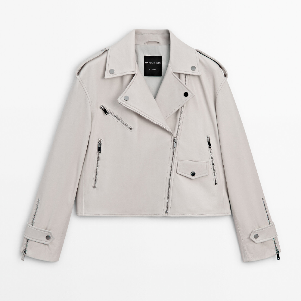 цена Куртка Massimo Dutti Nappa Leather Biker - Studio, кремовый