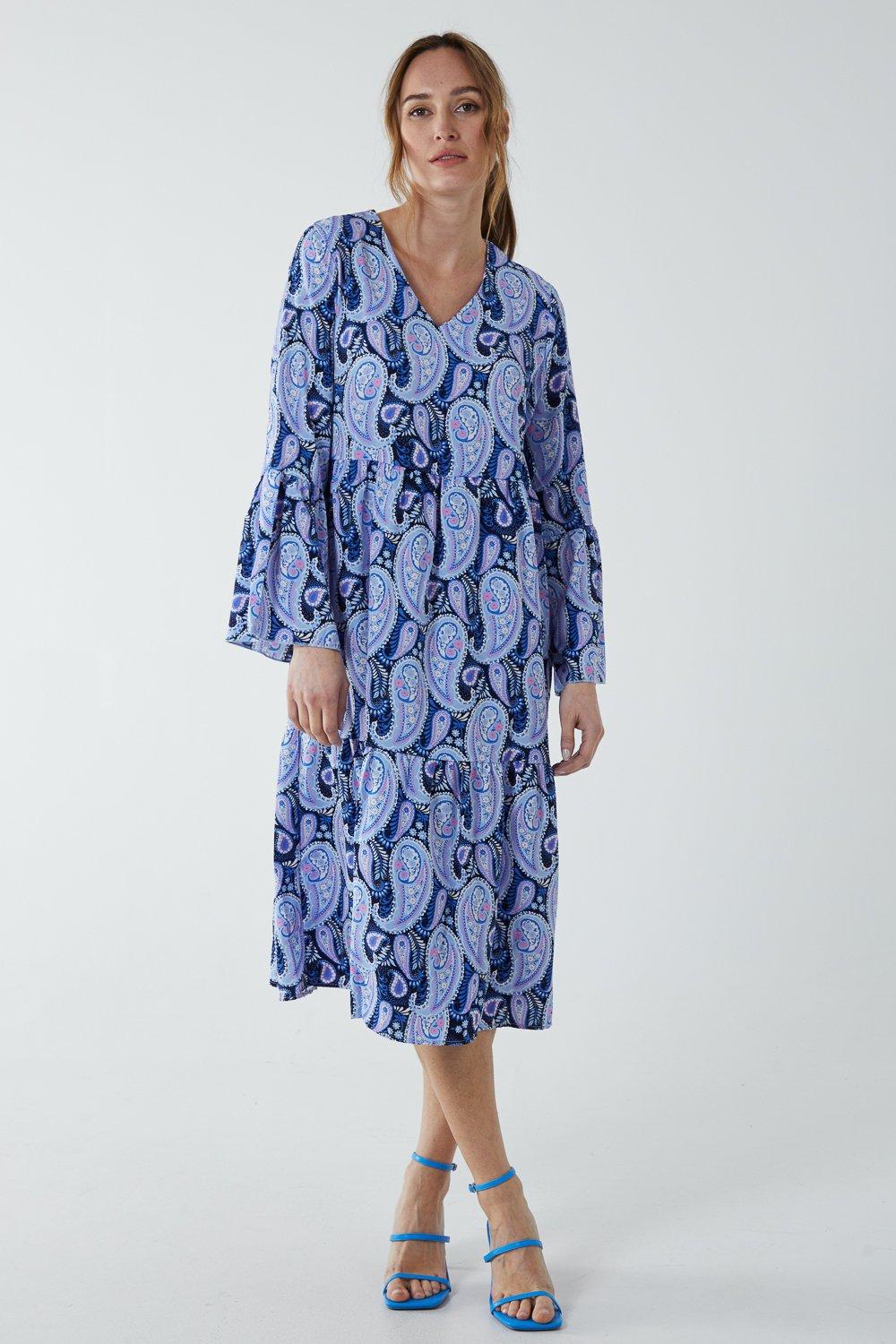 Платье с V-образным вырезом и узором пейсли Blue Vanilla, синий женское платье с принтом пейсли летнее свободное мини платье с длинным рукавом и v образным вырезом 2021