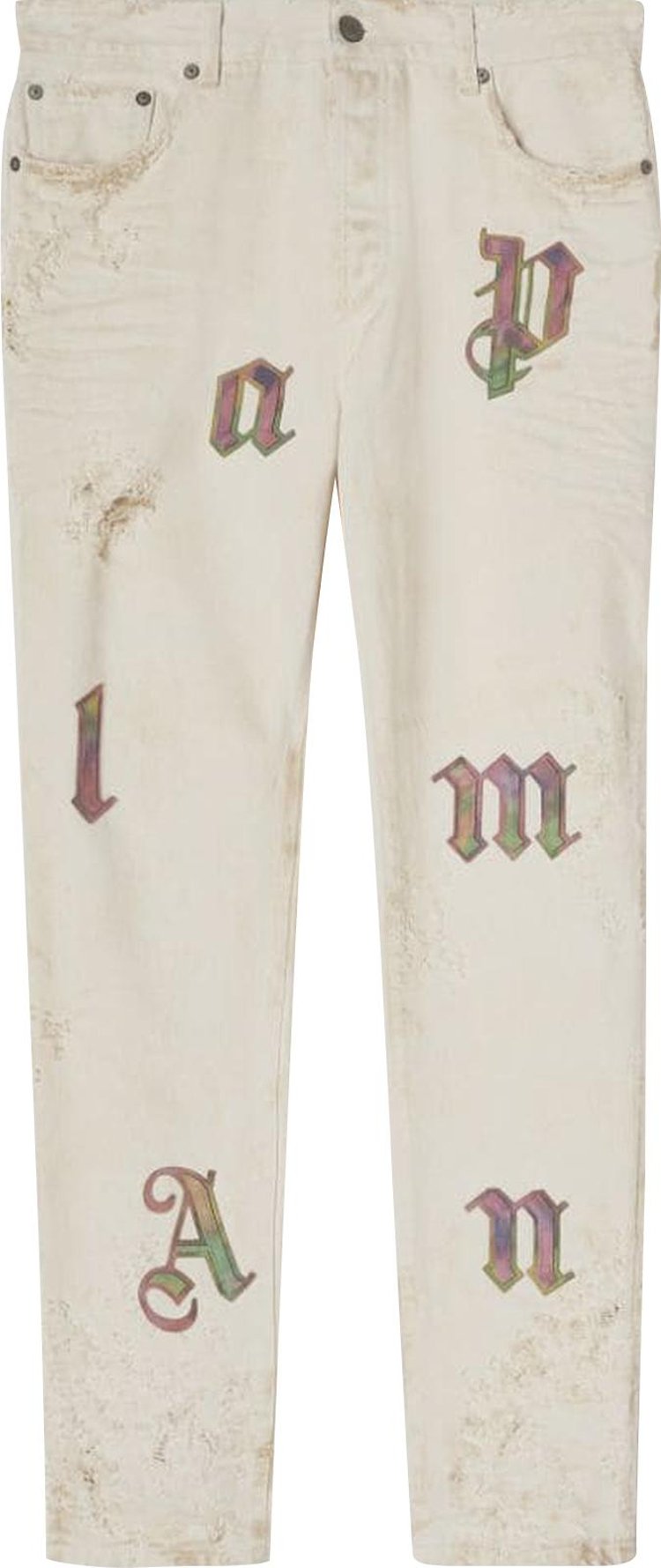 Джинсы Palm Angels Rainbow Logo Patch Jeans 'Off White', белый - фото