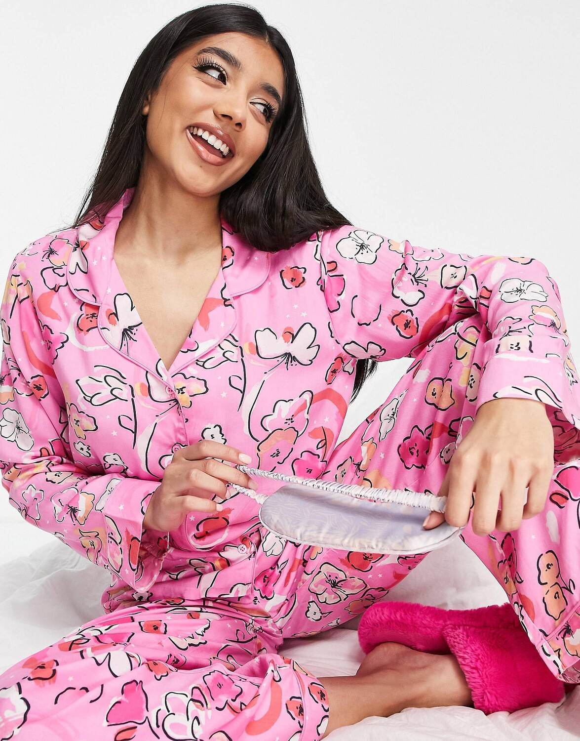 

Розовая пижама из модала с цветочным принтом и брюками ASOS DESIGN