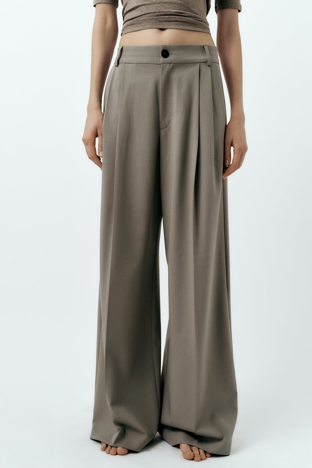 Плиссированные брюки ZARA, коричневый/серо-коричневый