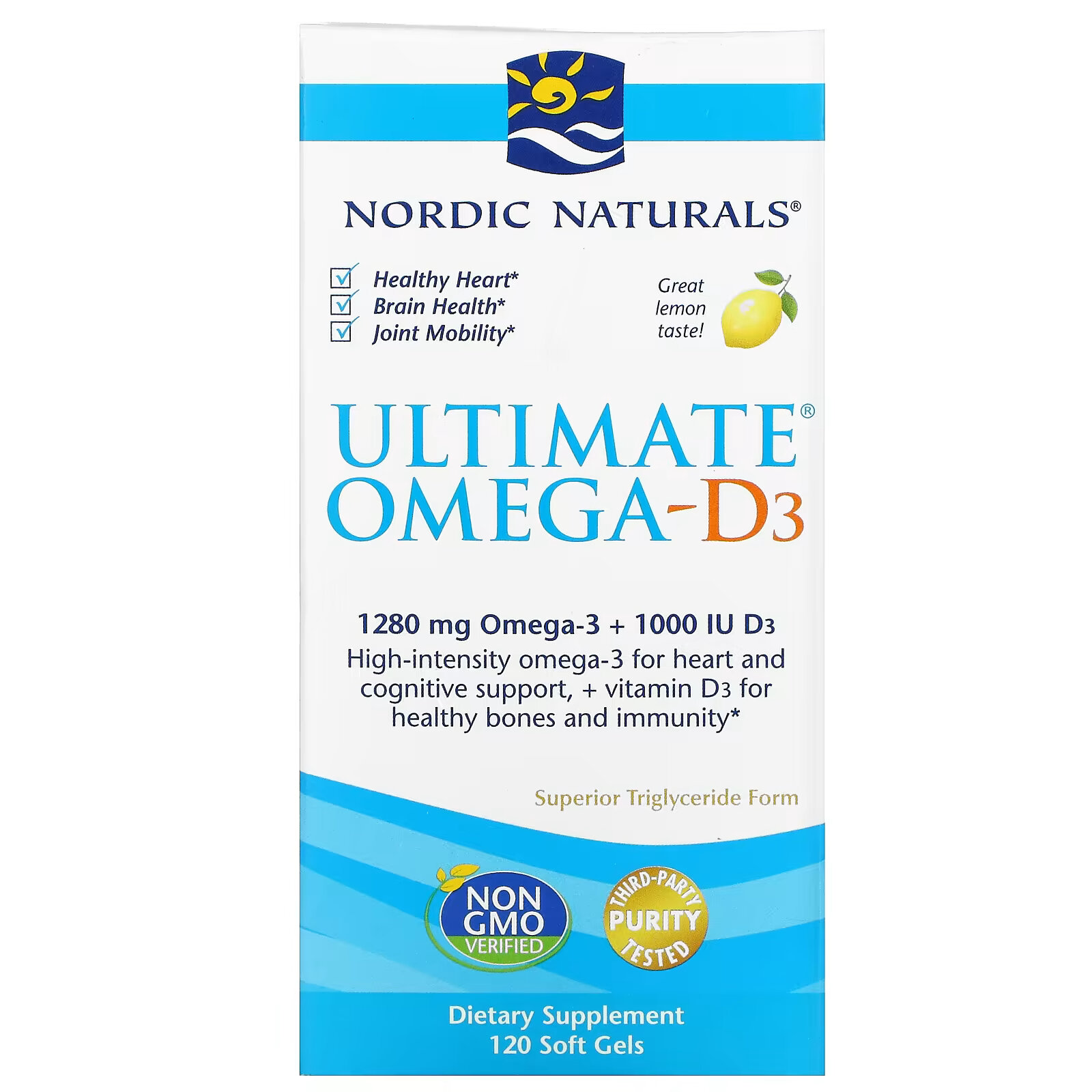 Nordic Naturals, Ultimate Омега-D3, со вкусом лимона, 1000 мг, 120 капсул nordic naturals омега 3 со вкусом лимона 1 560 мг 473 мл 16 жидк унций