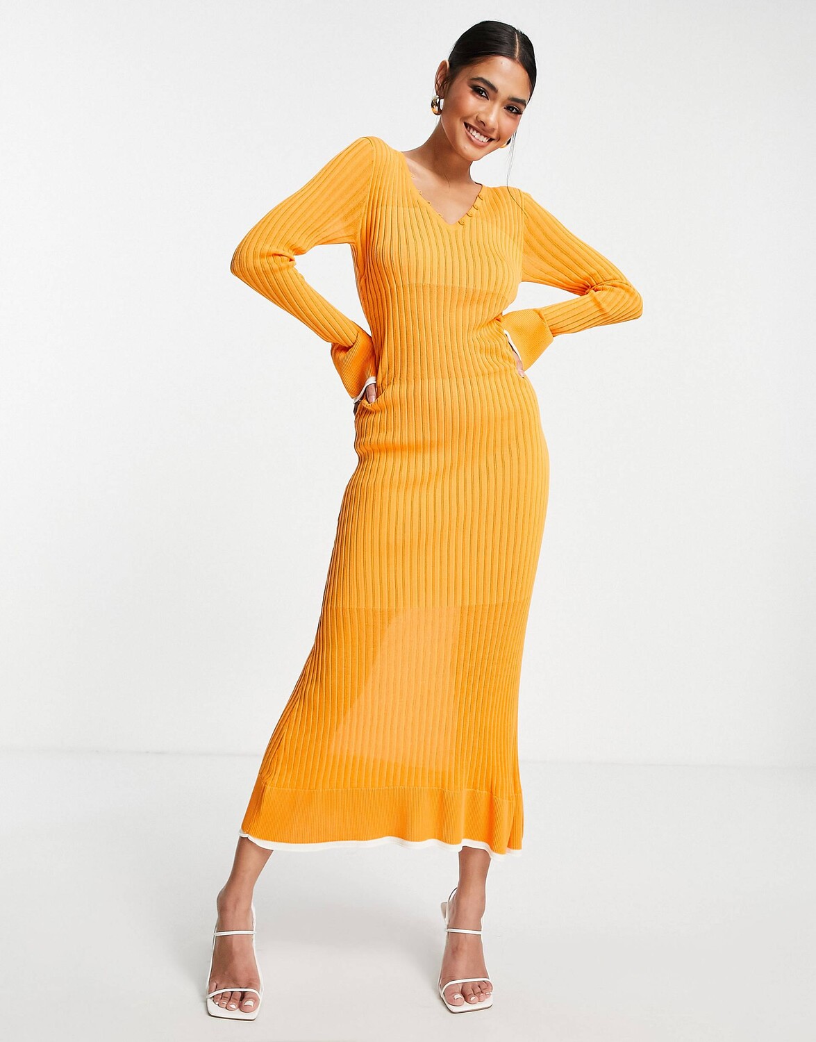 

Оранжевое трикотажное платье миди с рюшами на талии ASOS DESIGN