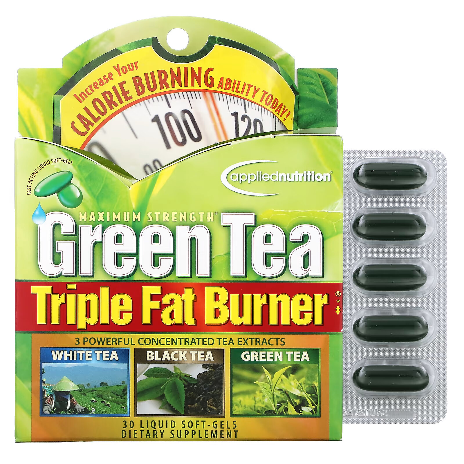 Applied Nutrition, Сжигатель жира с зеленым чаем, тройного действия, 30 жидких мягких таблеток