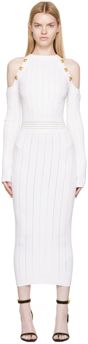 

Белое платье-миди с вырезом Balmain