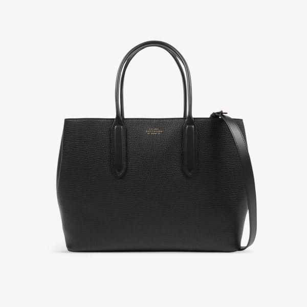 Кожаная сумка-тоут ludlow small day с тисненым логотипом Smythson, черный цена и фото