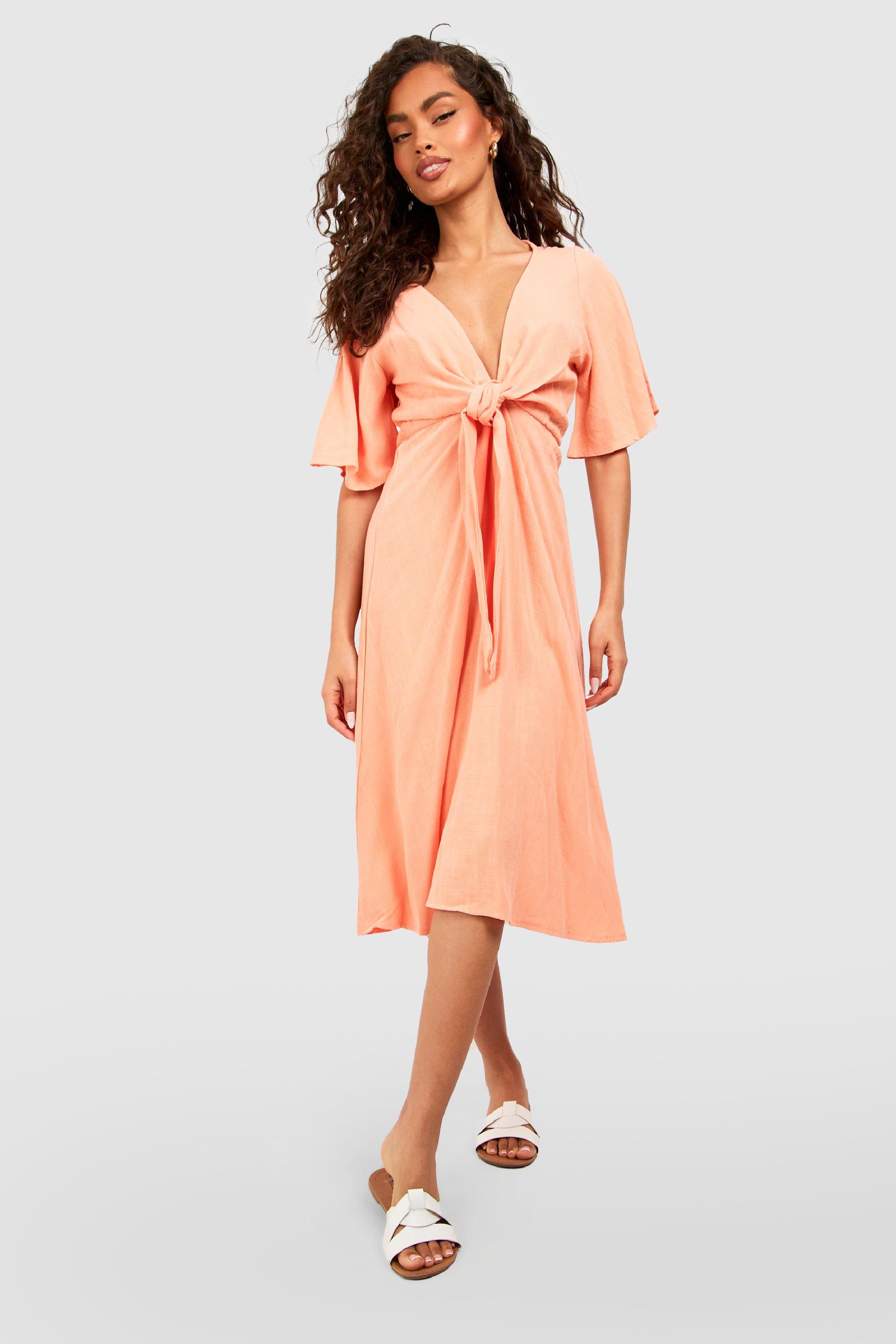 Льняное платье миди с завязками Boohoo, оранжевый цена и фото