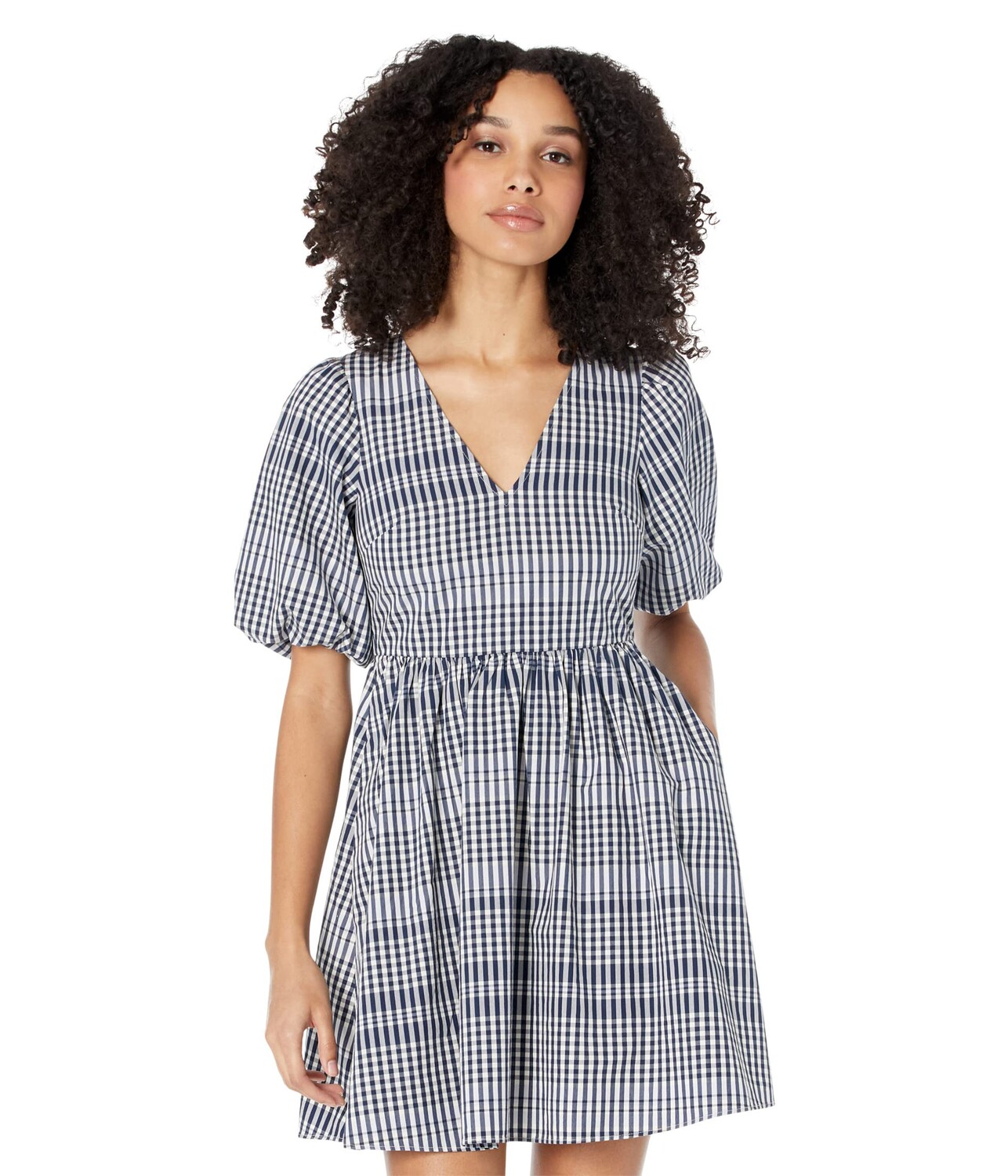 

Платье Madewell, Poplin V-Neck Bubble-Sleeve Mini Dress in Plaid