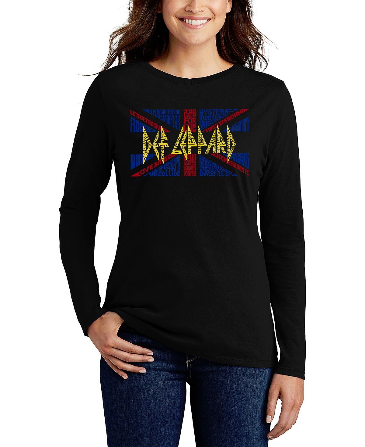 

Женская футболка с длинным рукавом word art - топ def leppard LA Pop Art, черный