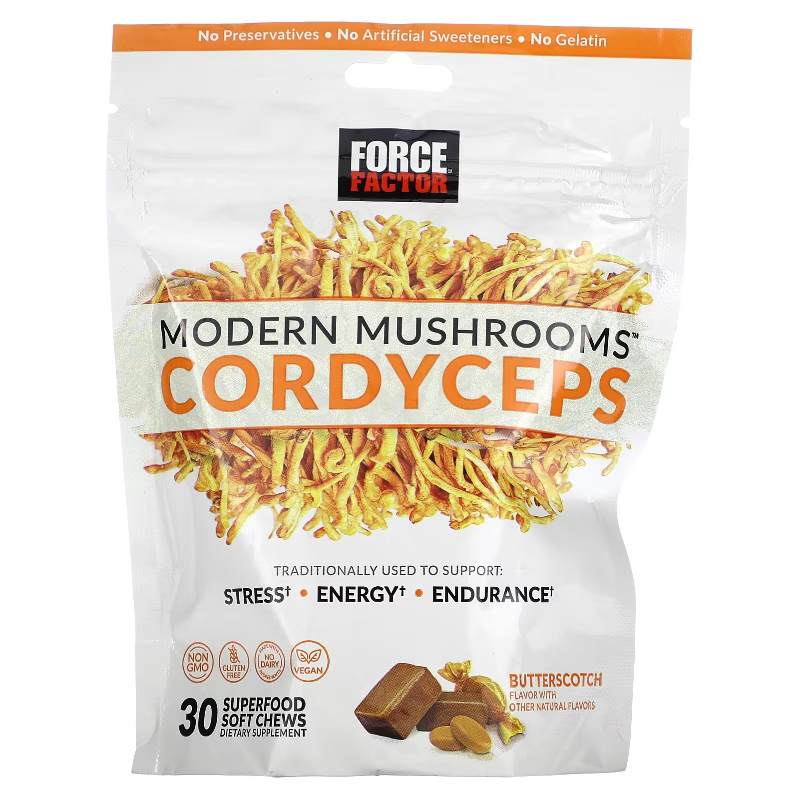 Force Factor Modern Mushrooms Cordyceps Butterscotch 30 суперпродуктов Мягкие жевательные конфеты