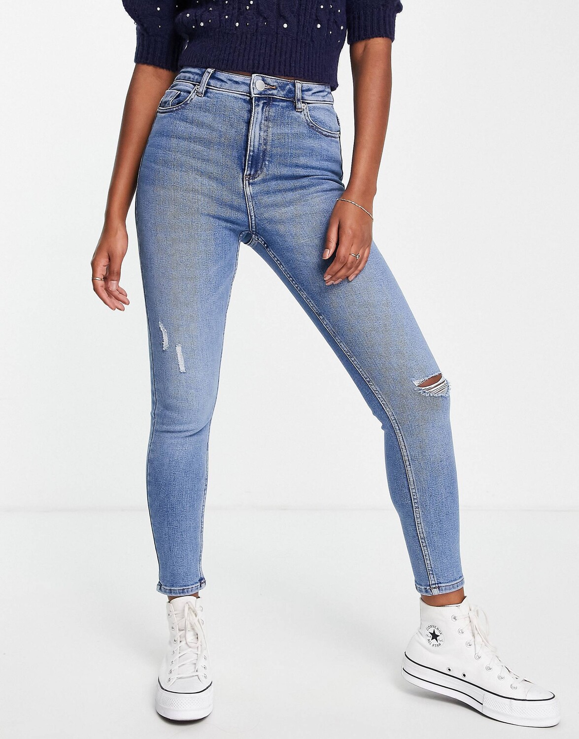 

Синие рваные джинсы скинни с завышенной талией Miss Selfridge Lizzie