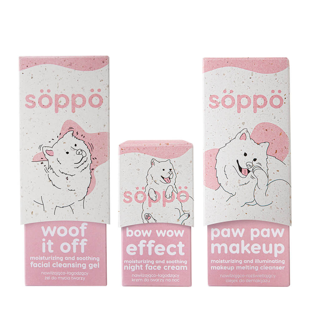 Söppö Woof Fluff набор: крем для лица, 50 мл + гель для умывания, 100 мл + масло для снятия макияжа, 100 мл + булавка, 1 шт.