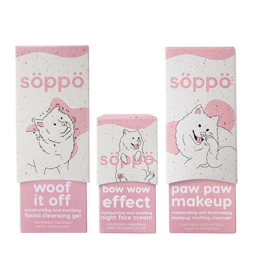

Söppö Woof Fluff набор: крем для лица, 50 мл + гель для умывания, 100 мл + масло для снятия макияжа, 100 мл + булавка, 1 шт.