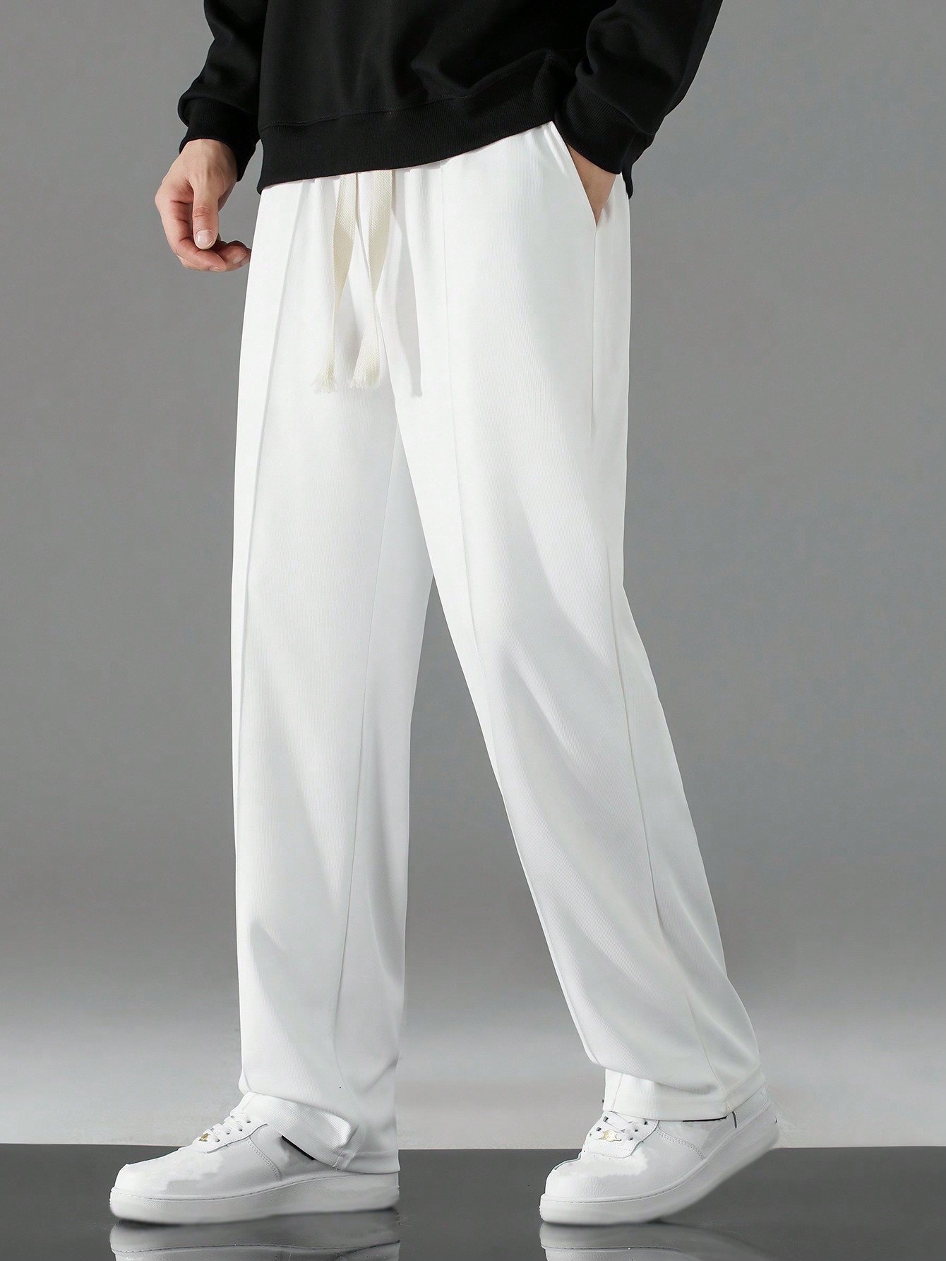 Мужские однотонные повседневные брюки с завязками на талии, белый