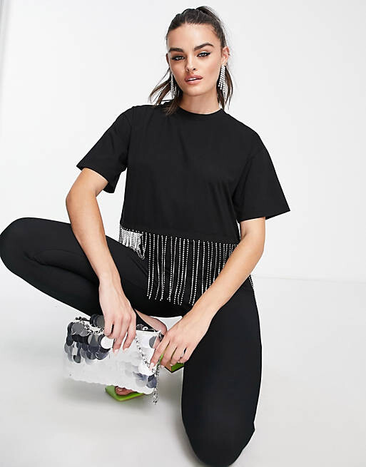 

Черная укороченная футболка с бахромой из стразов ASOS DESIGN, Черный