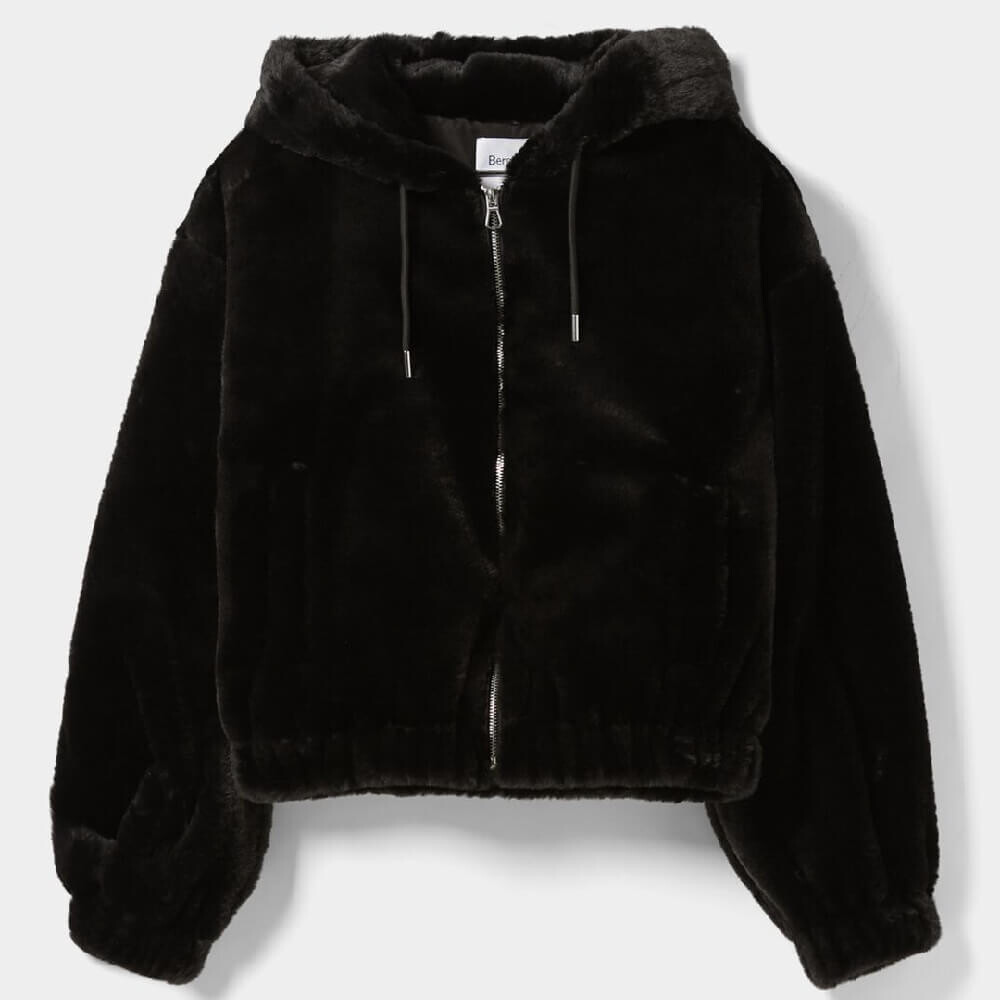 

Куртка Bershka Hooded Teddy, черный