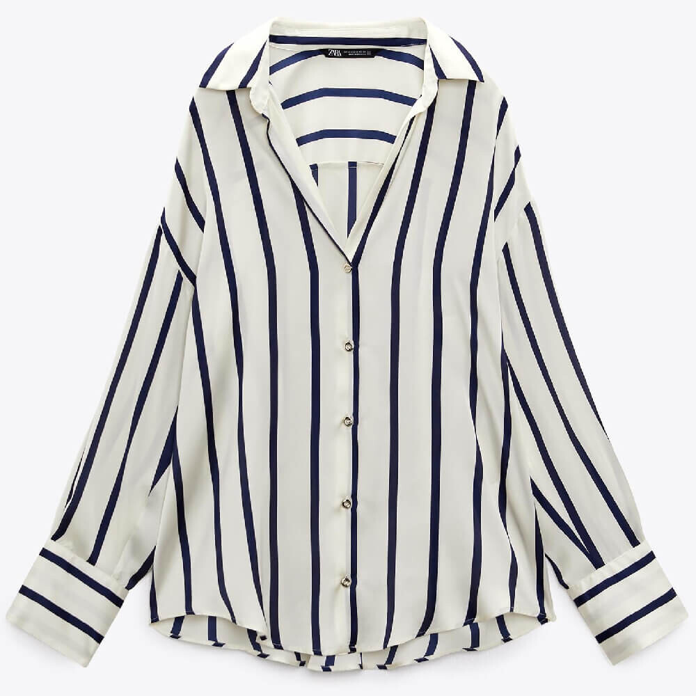 Рубашка Zara Oversize Striped Satiny, светло-бежевый/темно-синий