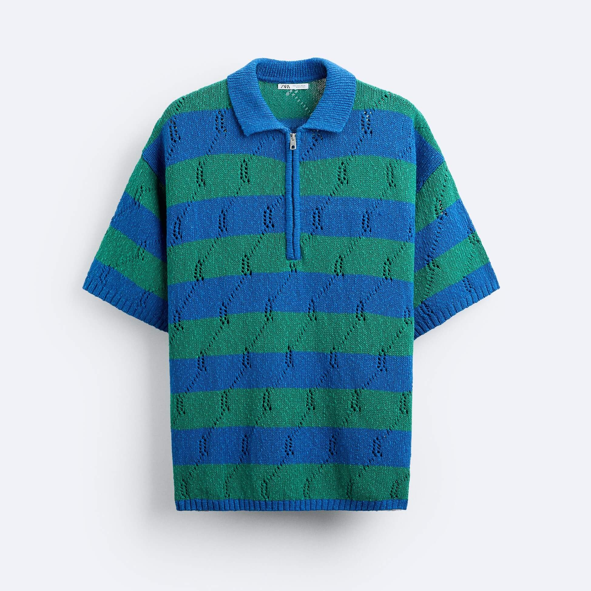 Футболка-поло Zara Cotton Linen Knit, синий/зеленый