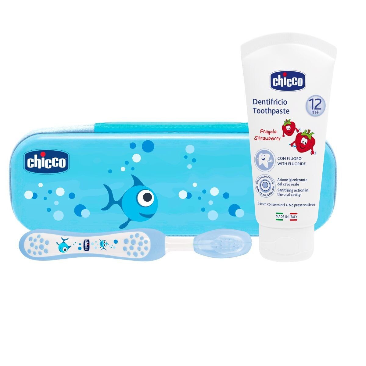 

Chicco зубной набор для детей 12м+ синий: зубная паста, 1 шт зубная щетка, 1 шт + футляр, 1 шт