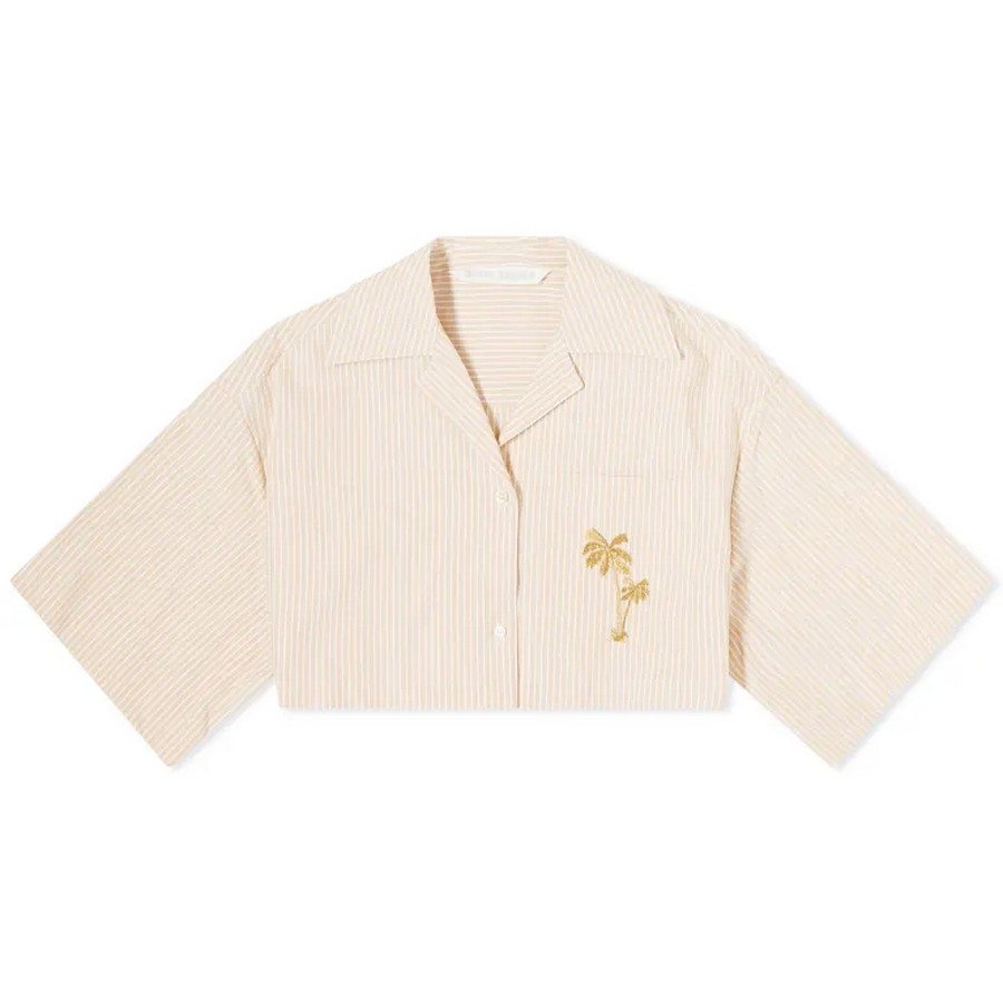 цена Укороченная рубашка для боулинга с коротким рукавом Palm Angels Cropped With Logo, бежевый/белый