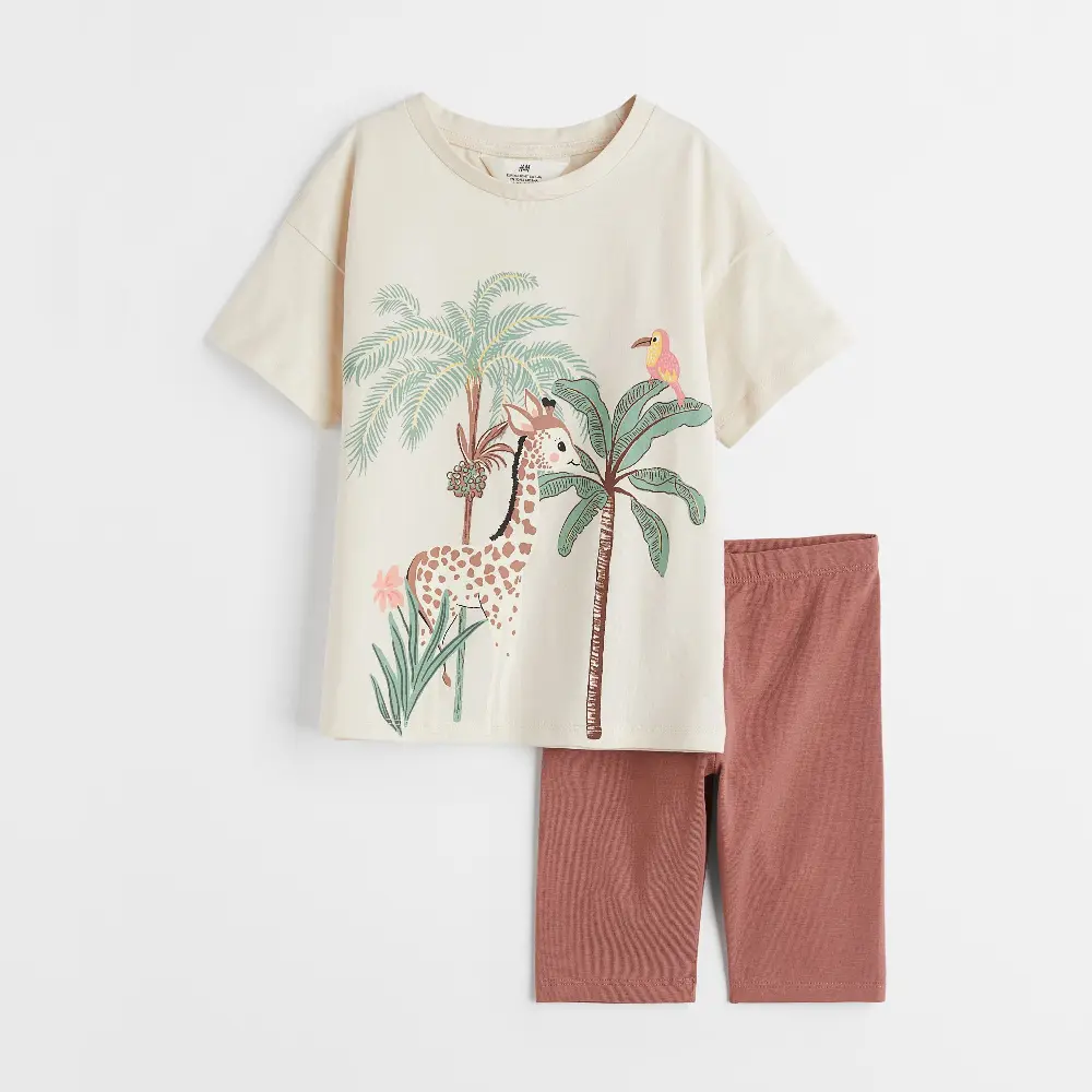 

Комплект, футболка + велосипедки H&M Kids Printed Giraffe, светло-бежевый