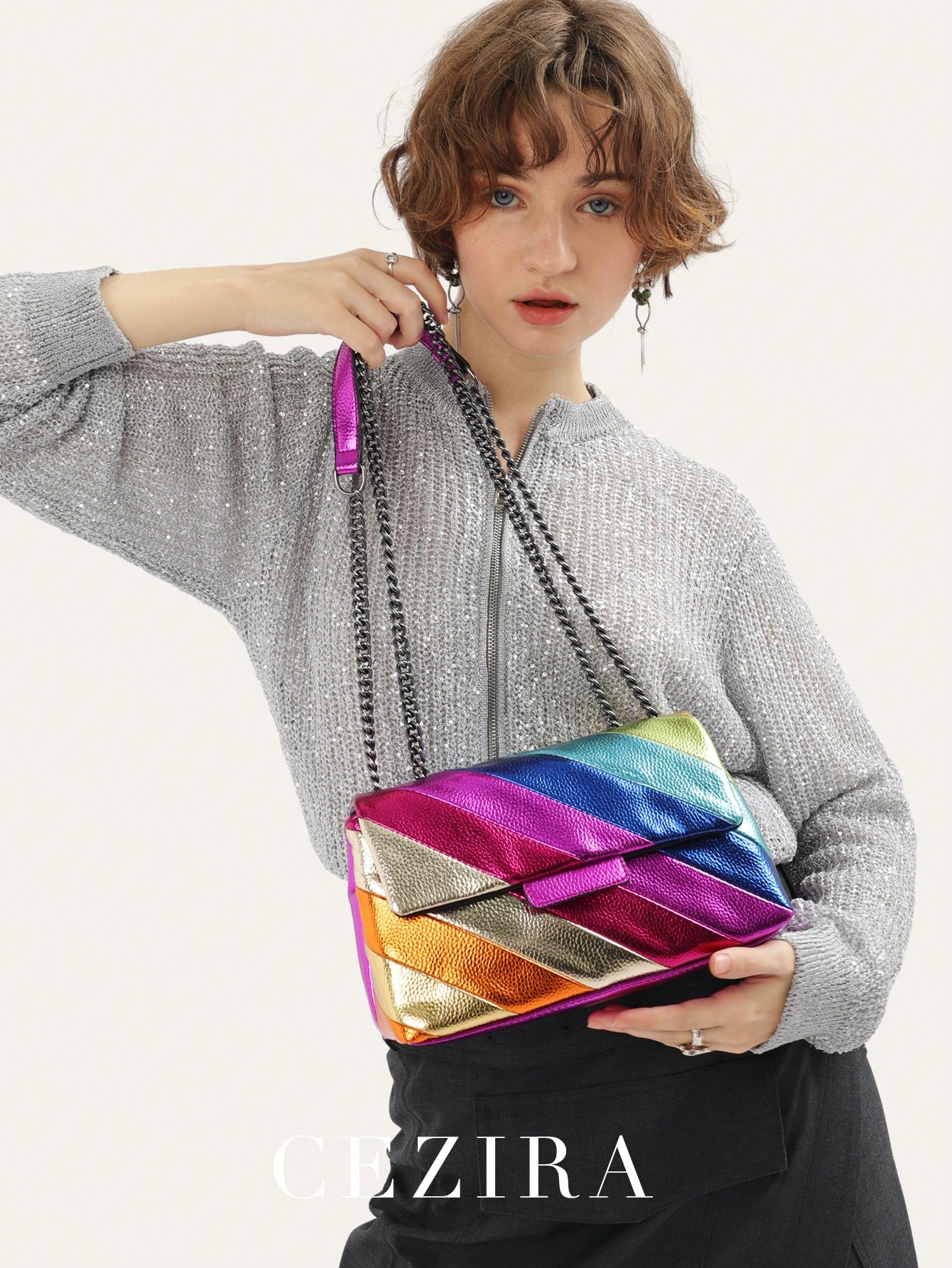 Модная модная металлическая радужная полоска в полоску в стиле пэчворк с магнитным клапаном, многоцветный