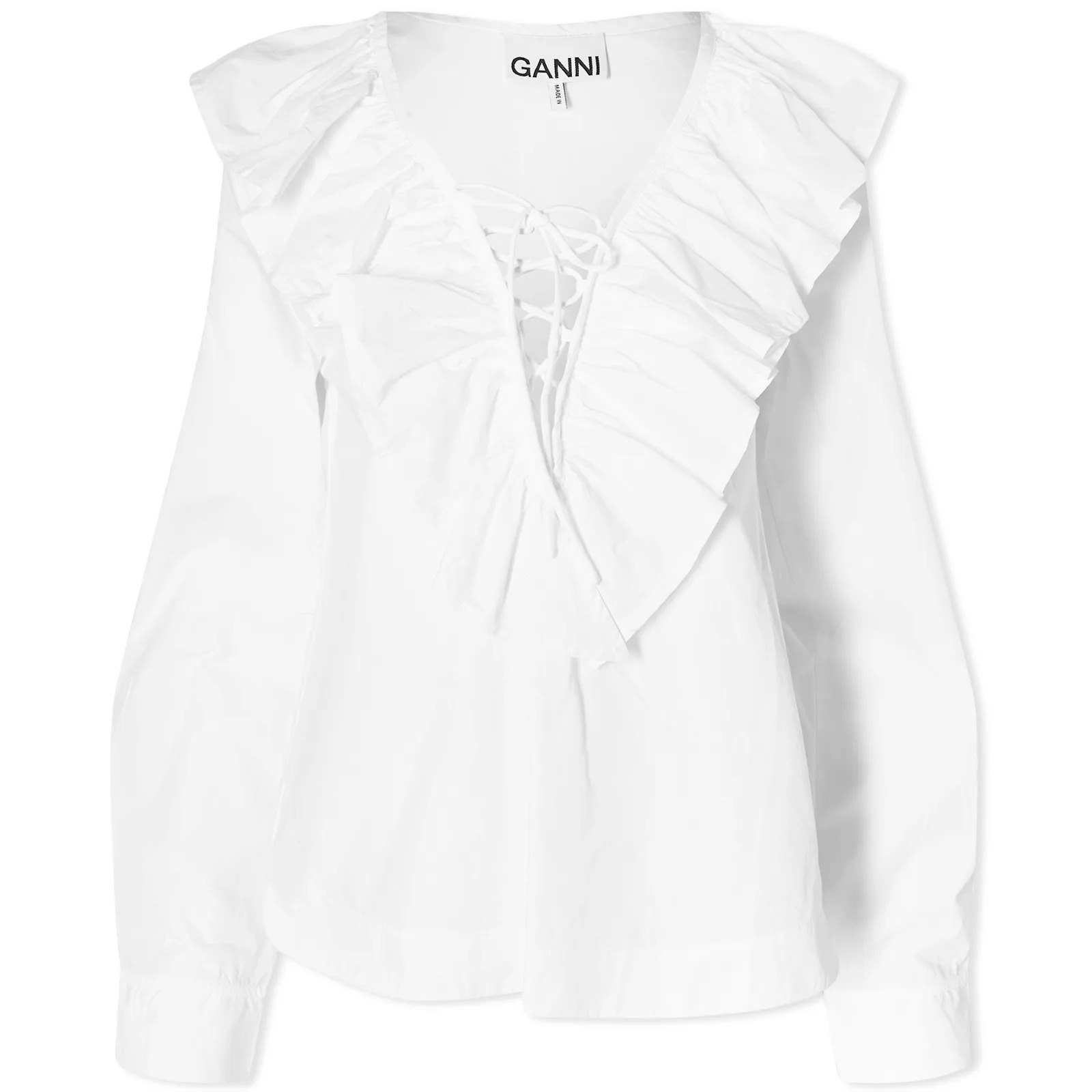 цена Блуза Ganni Cotton Poplin Ruffle V-neck, белый