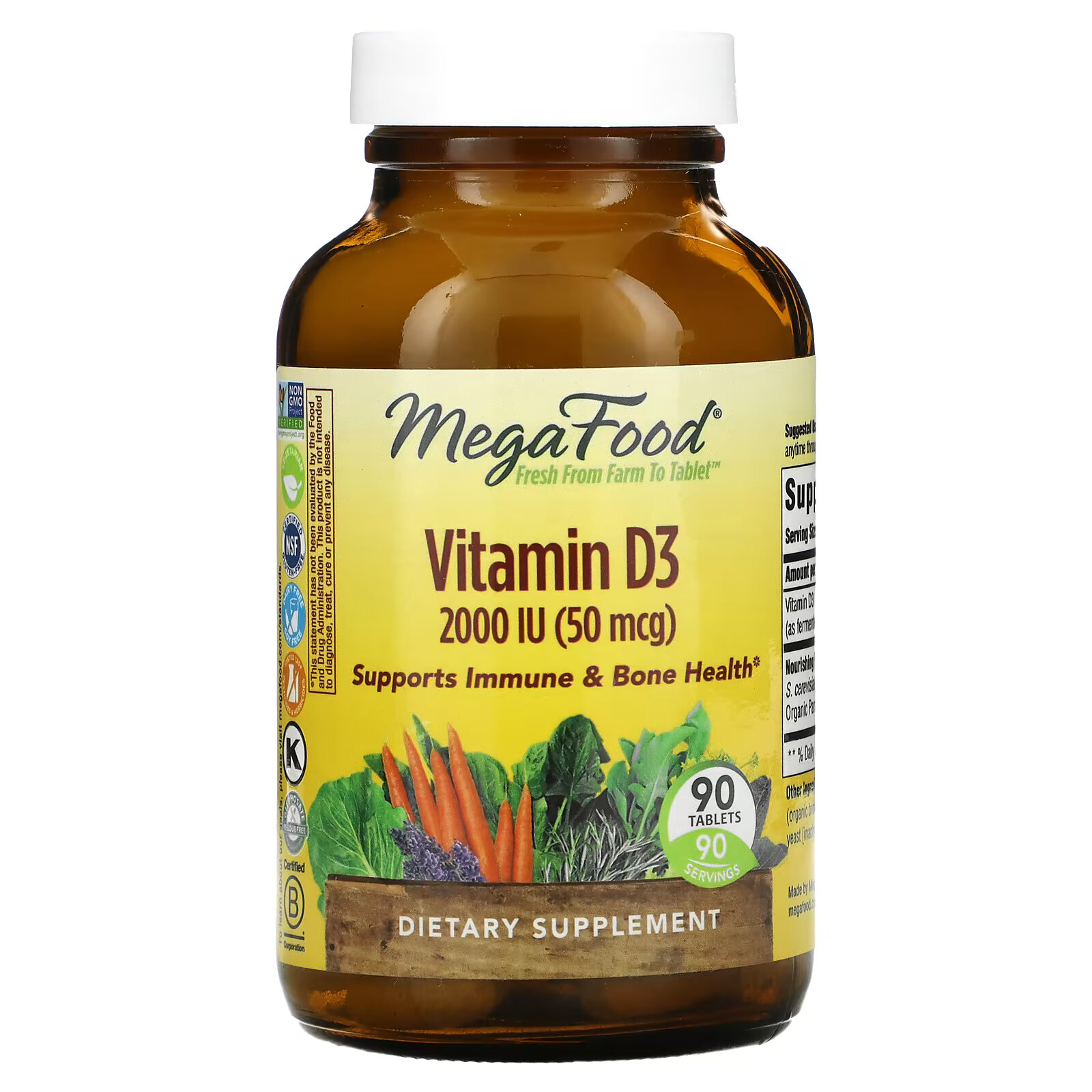 MegaFood, витамин D3, 2000 МЕ, 90 таблеток витамин d3 для здоровья костей и суставов клубничный вкус 2000 ме 90 таблеток natrol