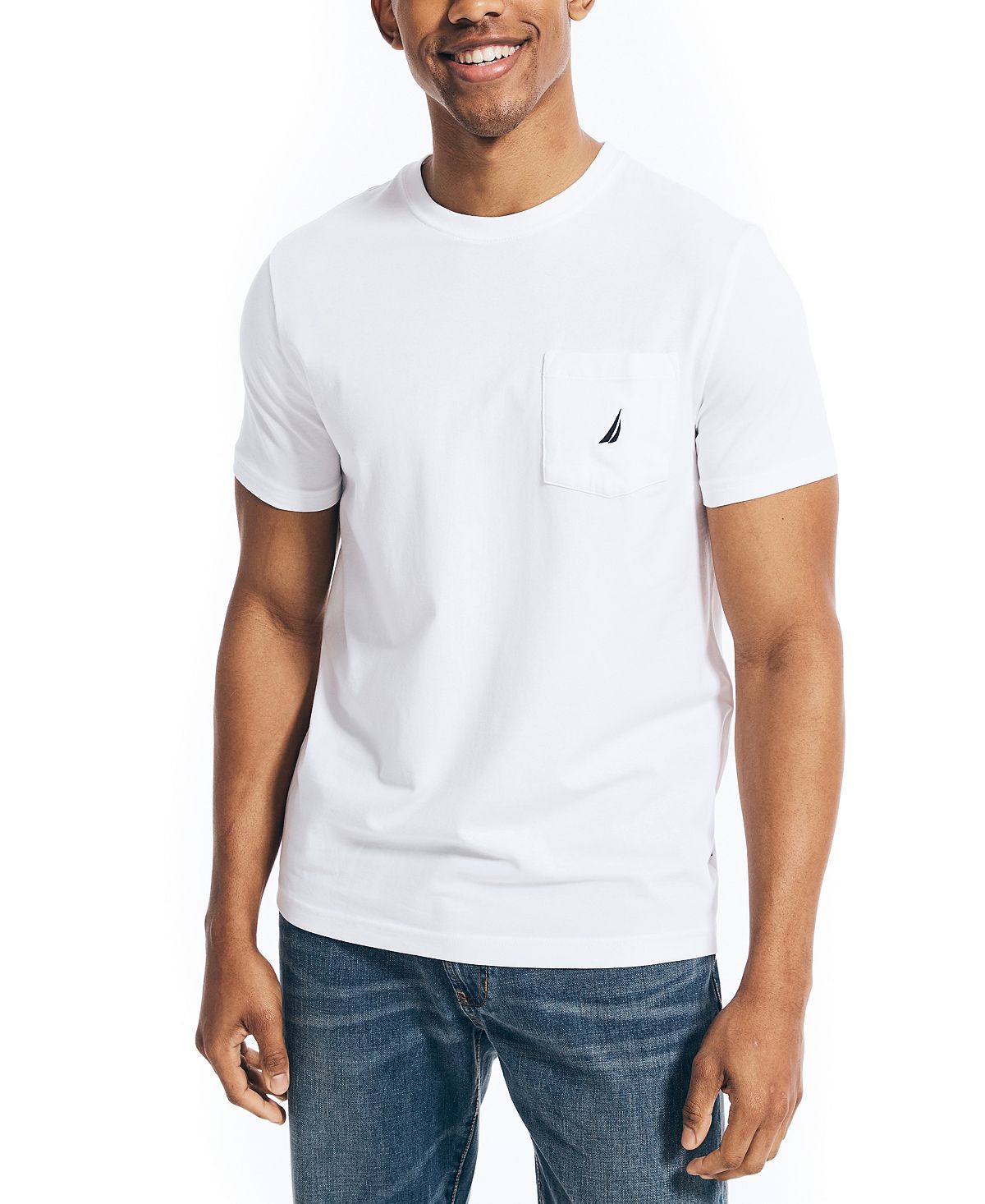 Мужская однотонная футболка классического кроя с круглым вырезом и карманами Nautica, белый