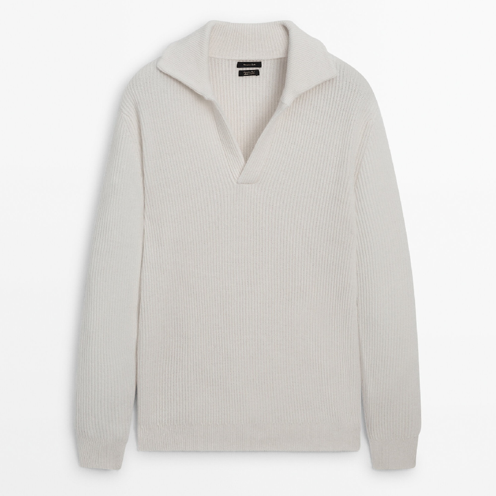 Свитер Massimo Dutti Wool Blend Ribbed Knit Polo, кремовый свитер massimo dutti wool blend knit polo бежевый