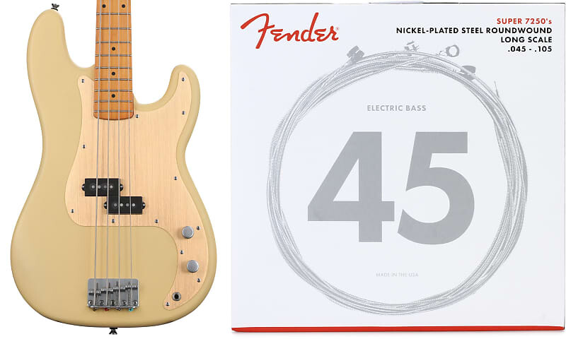 

Squier 40th Anniversary Vintage Edition Precision Bass - Satin Vintage Blonde Bundle со струнами Fender 7250M из никелированной стали с длинной шкалой для бас-гитары - .045-.105 Medium Squier + Fender 0379530507=1 0737250406=1