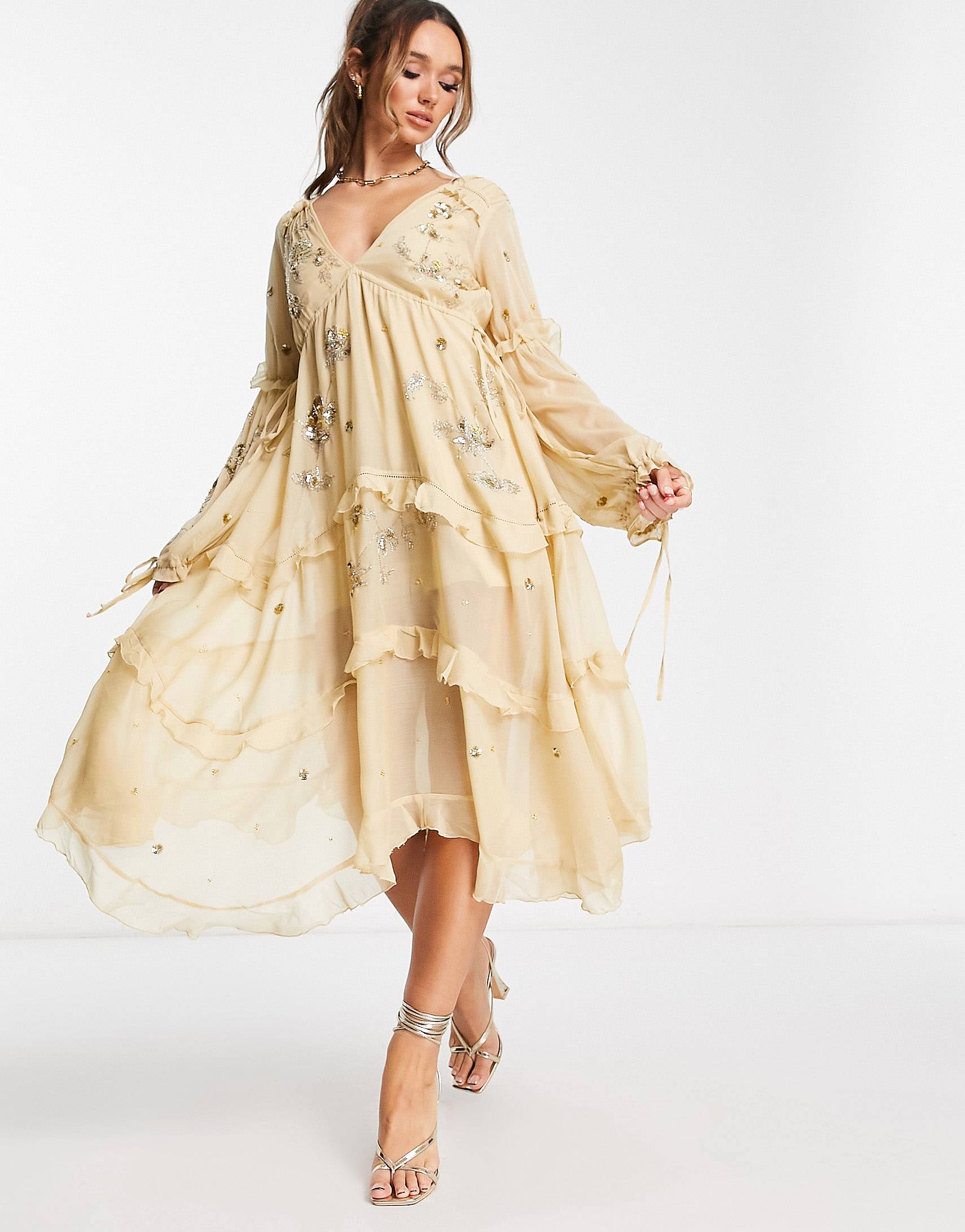 Золотистое платье миди трапециевидной формы с украшением в виде кластеров ASOS DESIGN