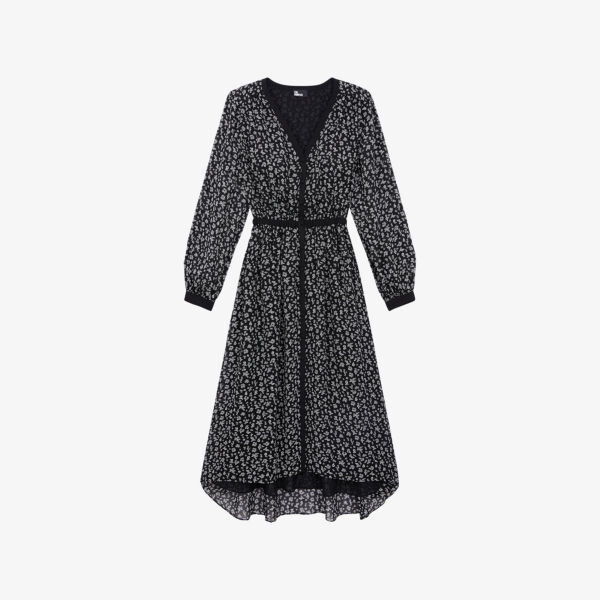 

Тканое платье миди с цветочным принтом и резинкой на талии The Kooples, черный