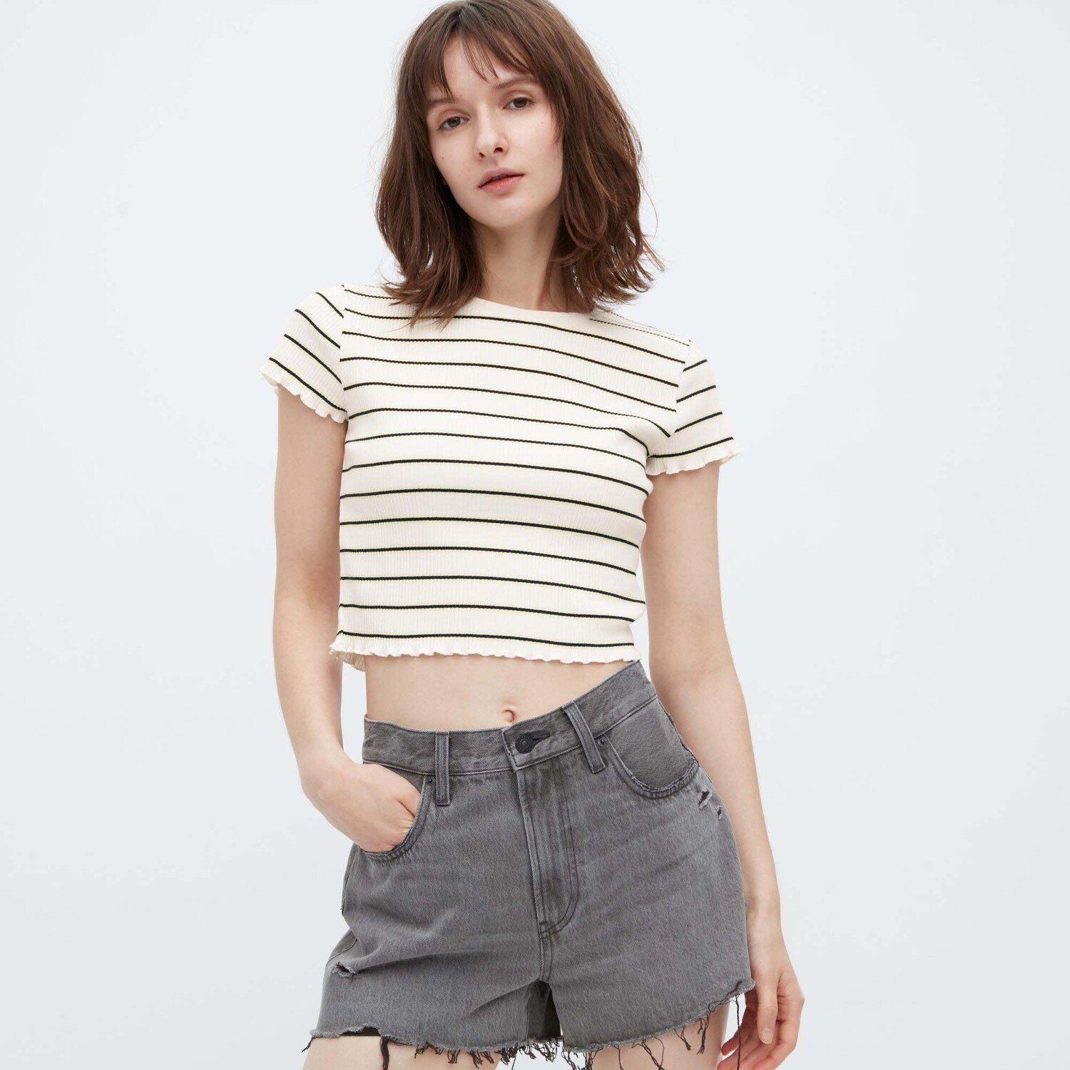

Футболка Uniqlo Ribbed Striped Frill Short Sleeved, серовато-белый