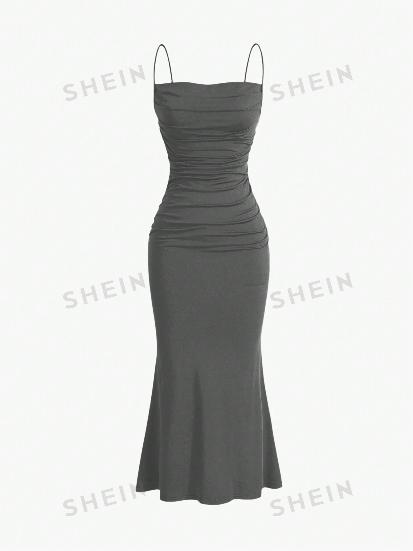 shein mod однотонное платье с гофрированной спиной и расклешенным подолом синий SHEIN MOD однотонное плиссированное платье с ремешками и подолом «рыбий хвост», темно-серый