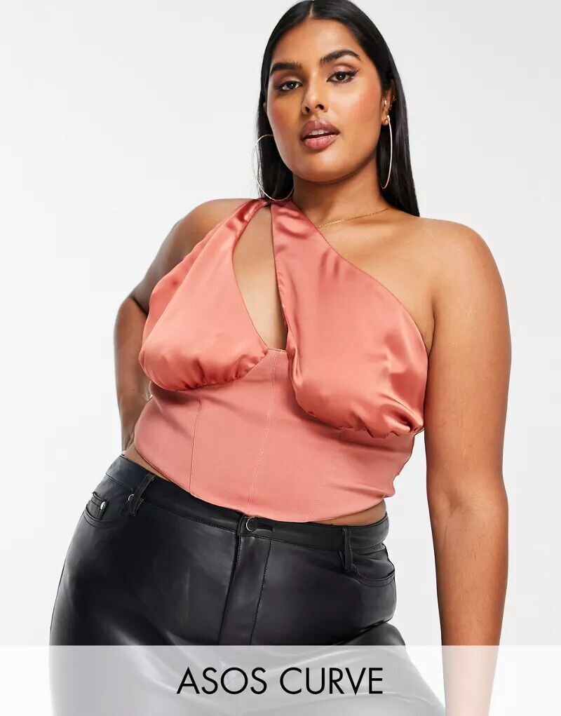 

Корсетный топ с чашками на одно плечо ASOS Curve пыльно-розового цвета