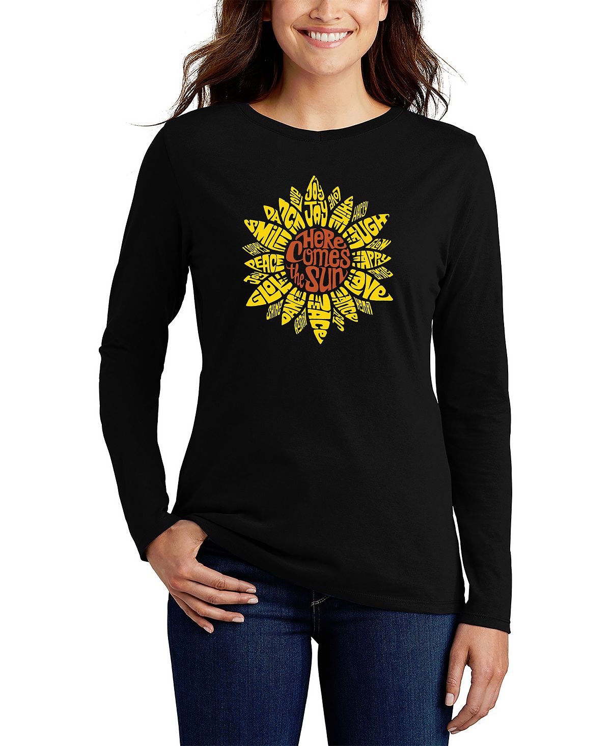 Женская футболка с длинным рукавом sunflower word art LA Pop Art, черный