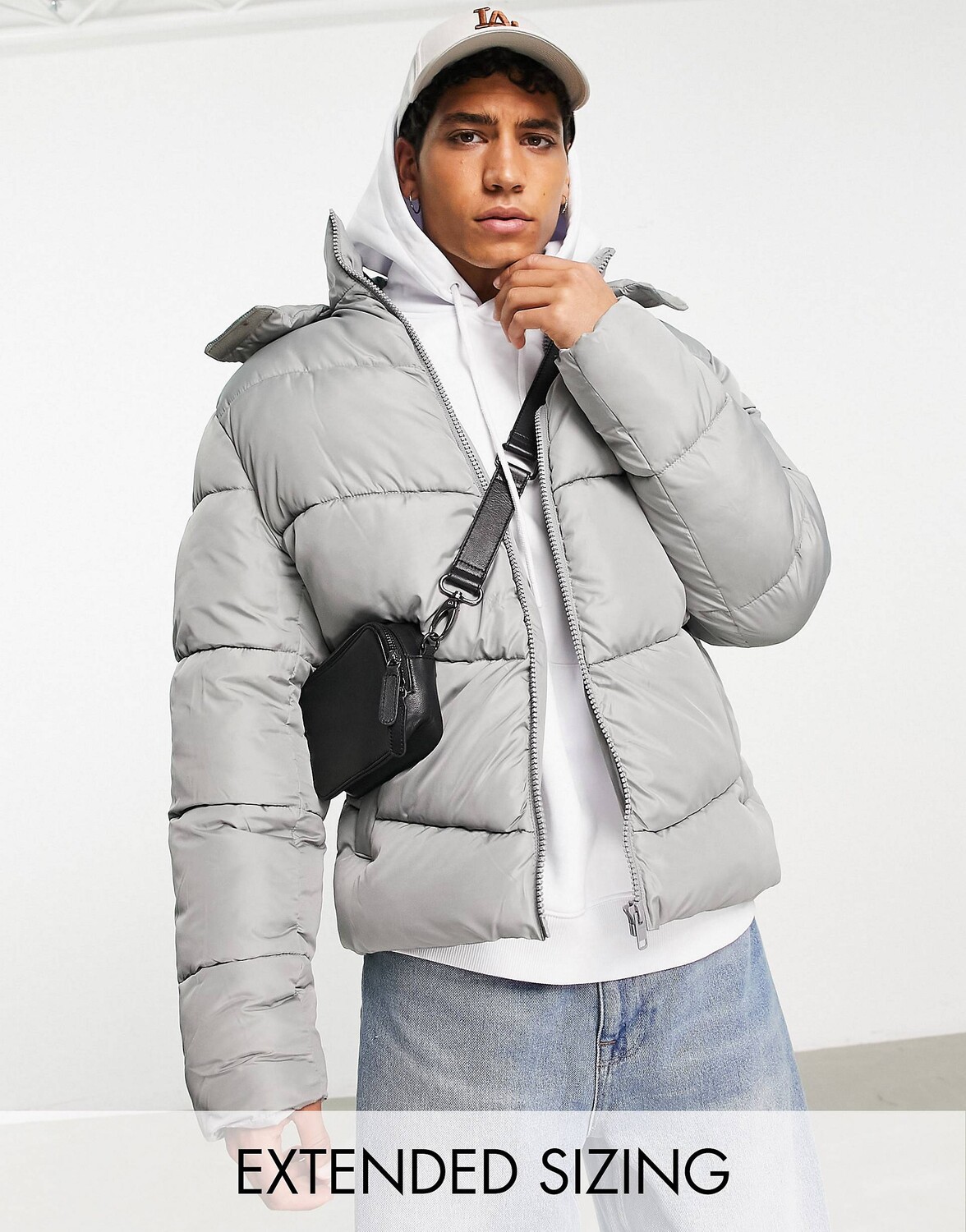 

Серая пуховая куртка со съемным капюшоном ASOS DESIGN, Серый