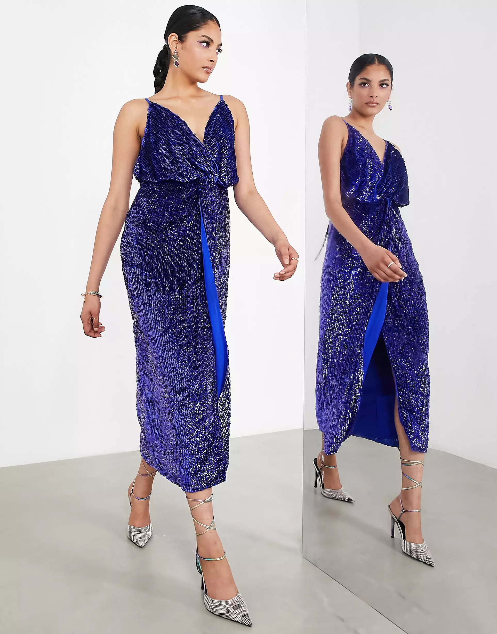 Платье Asos Edition Sequin Twist Front Cami Midi, фиолетовый